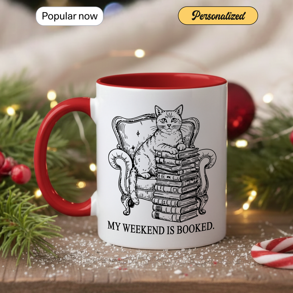 My Weekend Is Booked Mug – Vintage Cat Reading Coffee Cup – Book Lover Gift – Introvert Humor Mug – 11oz 15oz Ringer Mug |Mug  135